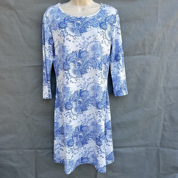 Jean-Pierre Klifa Dress Size Small Blue White Paisley Shift 3/4 Sleeve Casual - Picture 1 of 5